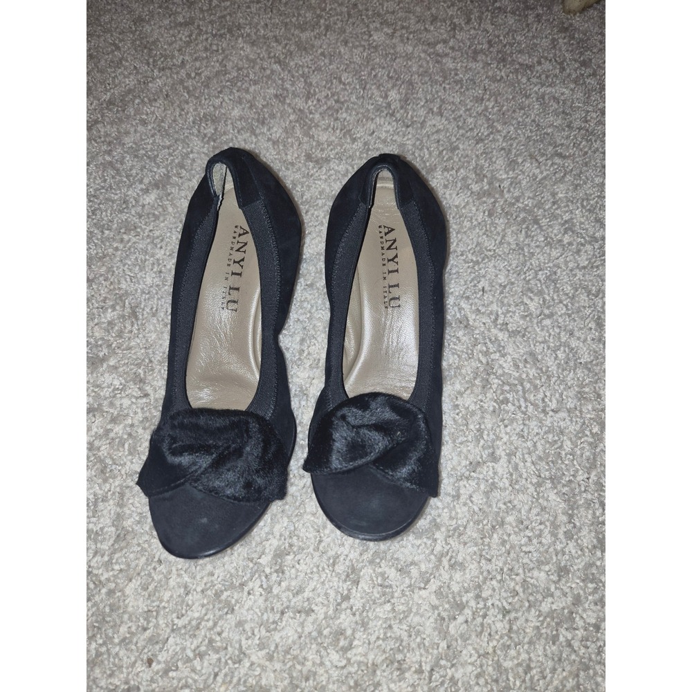 Anyi Lu Black Suede Wedge Pumps Calf Hair Bow Round Toe Made in Italy Size 35